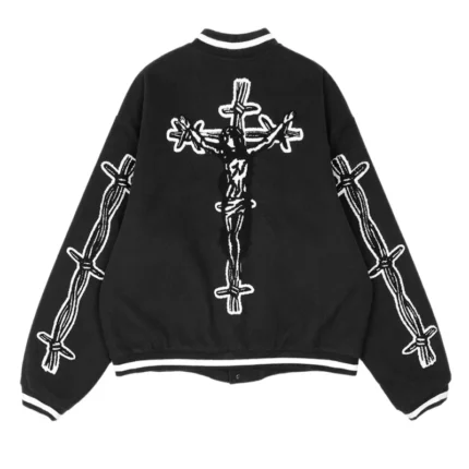 Black Seventh Heaven Barbed Wire Varsity Jacket Back
