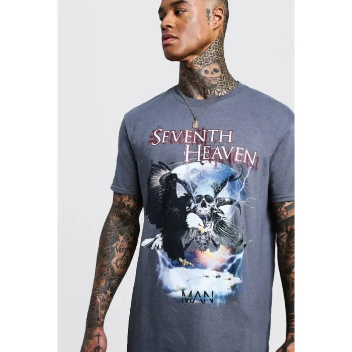 Blue Loose Fit Seventh Heaven Design T-Shirt Close View
