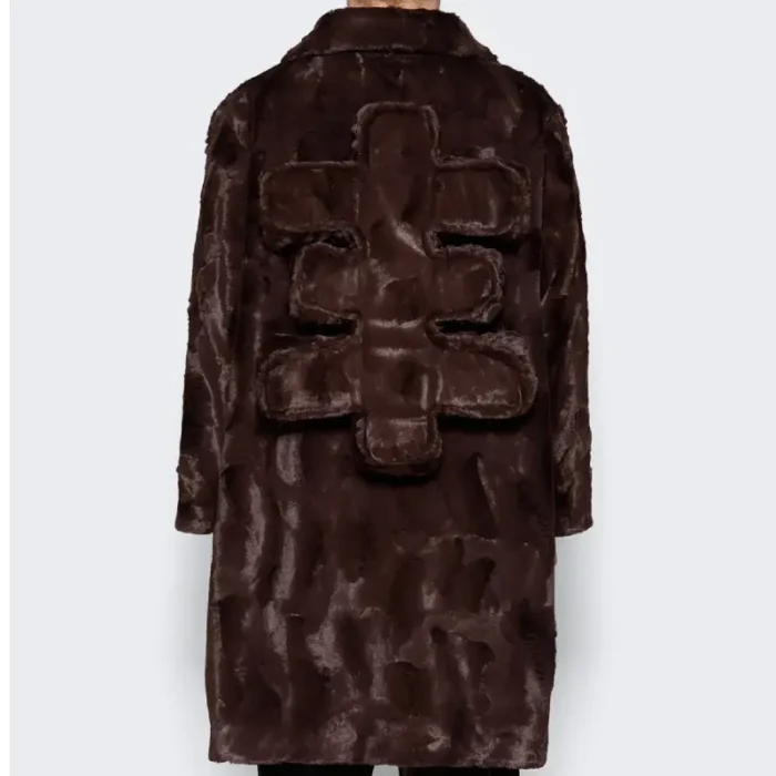 Brown Seventh Heaven Faux Fur Jacket With 3D Cross Applique Back
