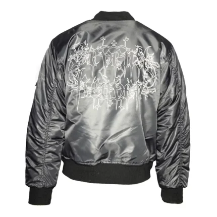 Grey Seventh Heaven Gothic Logo Bomber Jacket Back