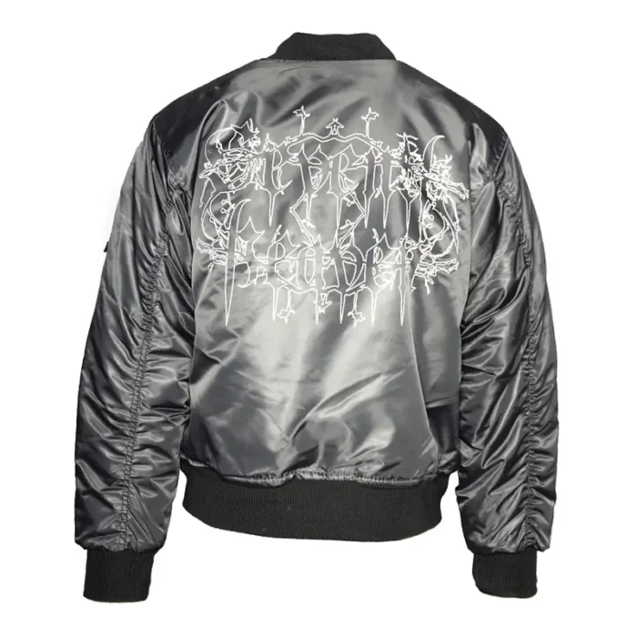 Grey Seventh Heaven Gothic Logo Bomber Jacket Back